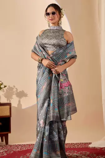 Grey digital kalamkari print cotton silk festive ethnic saree with blouse