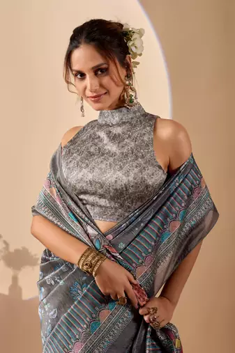 Grey digital kalamkari print cotton silk festive ethnic saree with blouse