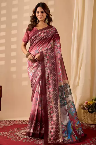 pink digital kalamkari print cotton silk festive ethnic saree with blouse