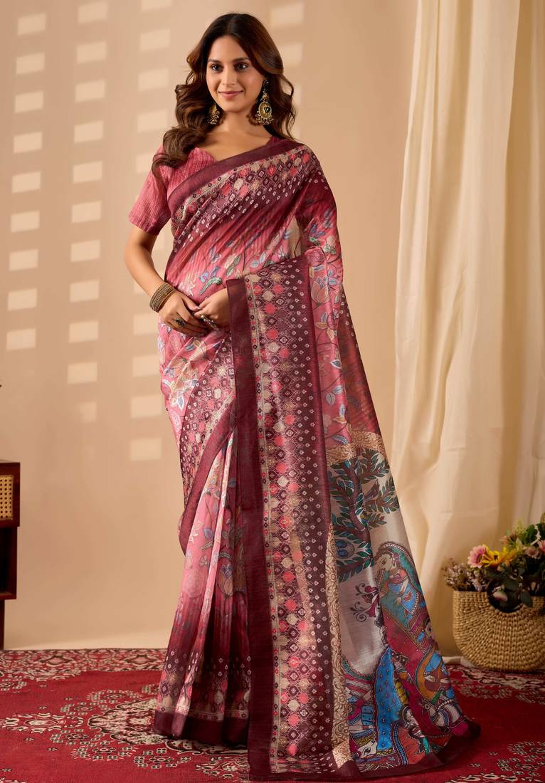 pink digital kalamkari print cotton silk festive ethnic saree with blouse