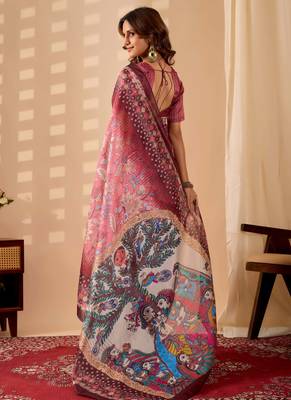 pink digital kalamkari print cotton silk festive ethnic saree with blouse 2