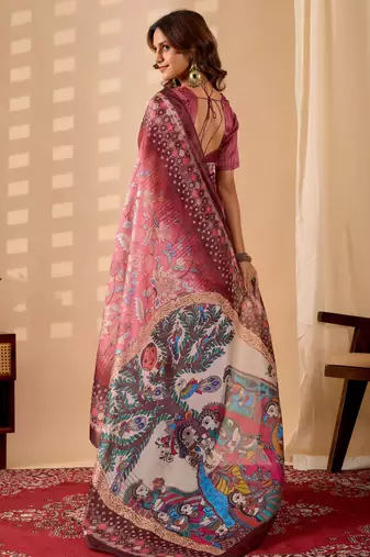 pink digital kalamkari print cotton silk festive ethnic saree with blouse