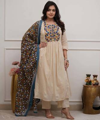 Beige Embroidered Anarkali Kurta Set with Printed Dupatta 1