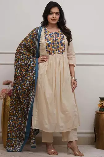 Beige Embroidered Anarkali Kurta Set with Printed Dupatta