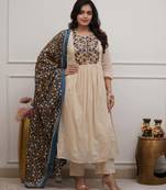 Beige Embroidered Anarkali Kurta Set with Printed Dupatta