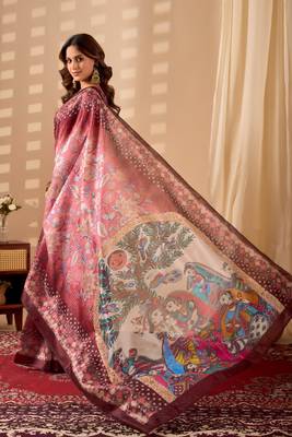 pink digital kalamkari print cotton silk festive ethnic saree with blouse 3