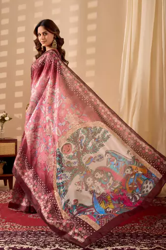 pink digital kalamkari print cotton silk festive ethnic saree with blouse