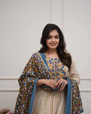 Beige Embroidered Anarkali Kurta Set with Printed Dupatta 2