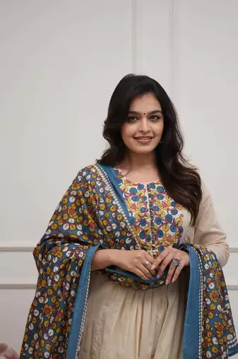 Beige Embroidered Anarkali Kurta Set with Printed Dupatta