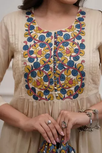 Beige Embroidered Anarkali Kurta Set with Printed Dupatta