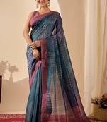 Navy kalamkari print cotton silk festive semi formal saree with blouse