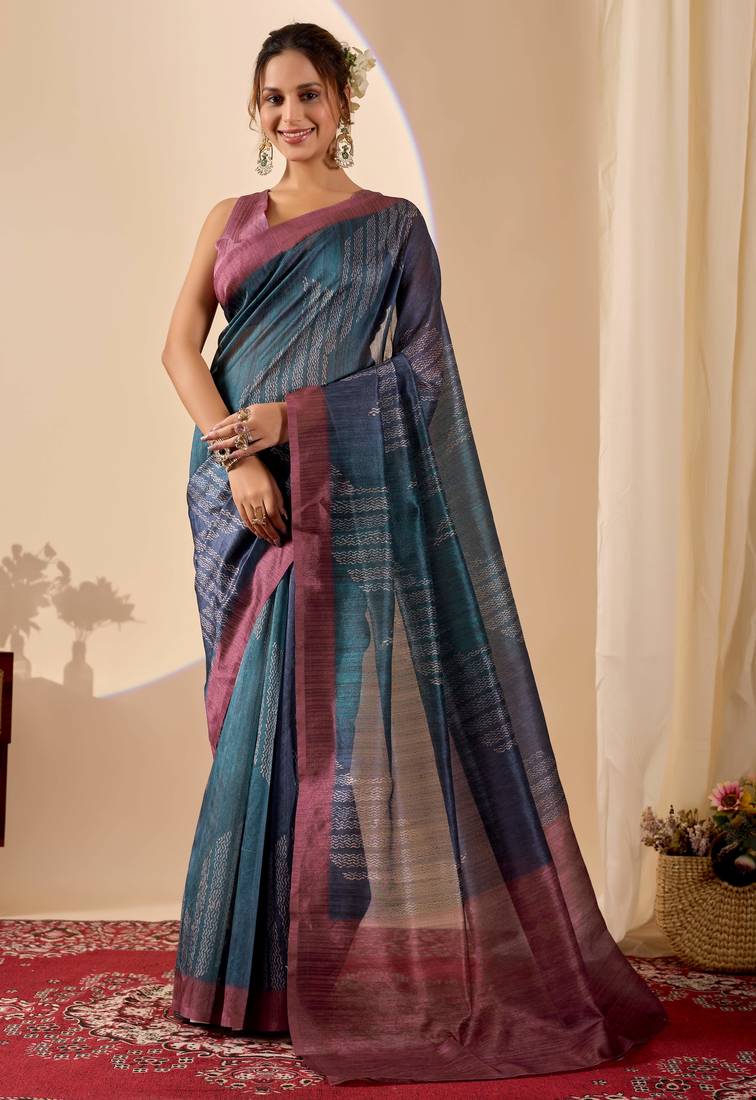 Navy kalamkari print cotton silk festive semi formal saree with blouse