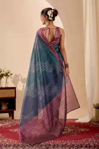 Navy kalamkari print cotton silk festive semi formal saree with blouse