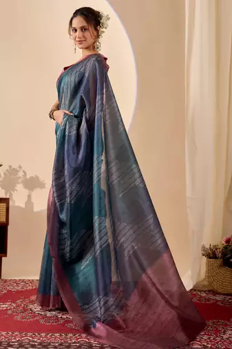 Navy kalamkari print cotton silk festive semi formal saree with blouse