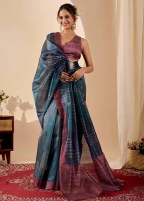 Navy kalamkari print cotton silk festive semi formal saree with blouse 4