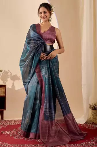 Navy kalamkari print cotton silk festive semi formal saree with blouse