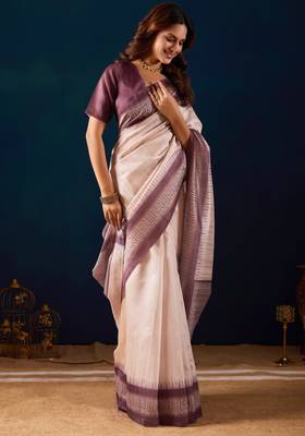 Cream solid colour cotton silk semi formal saree with blouse 1