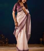 Cream solid colour cotton silk semi formal saree with blouse