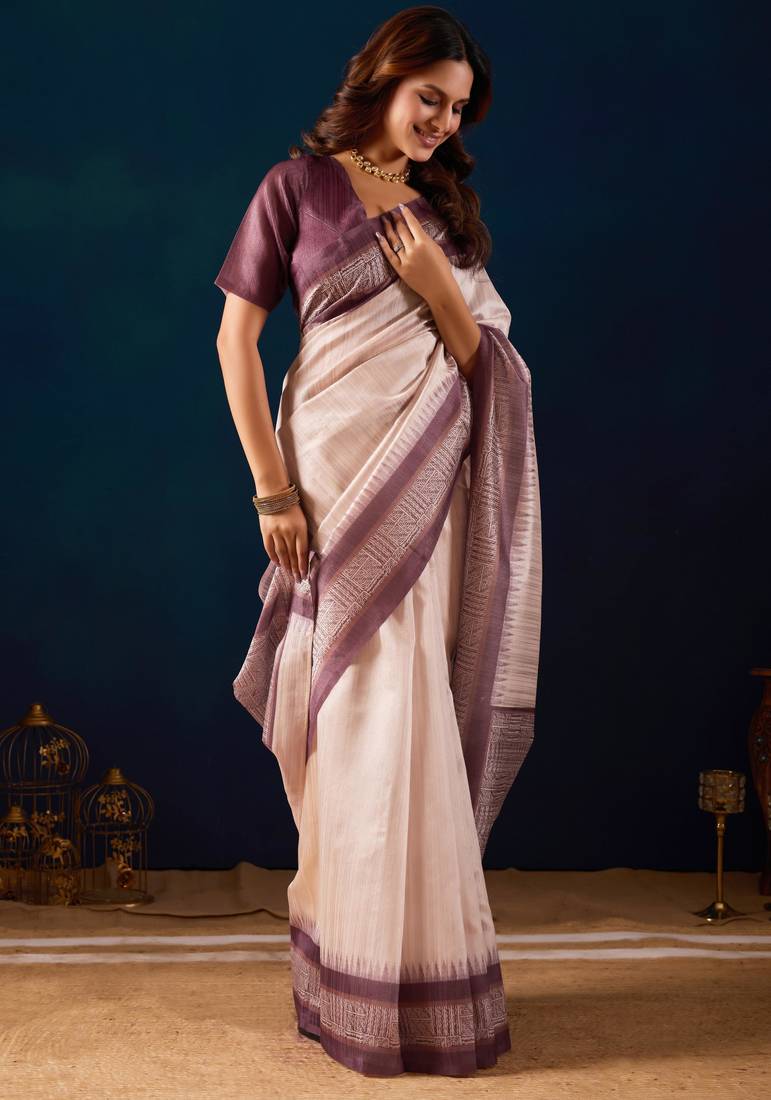 Cream solid colour cotton silk semi formal saree with blouse
