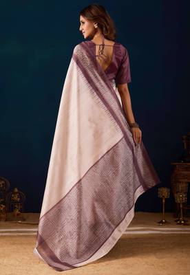 Cream solid colour cotton silk semi formal saree with blouse 2