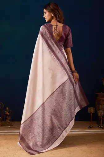 Cream solid colour cotton silk semi formal saree with blouse