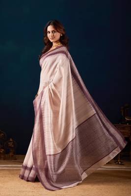Cream solid colour cotton silk semi formal saree with blouse 3