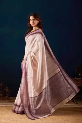 Cream solid colour cotton silk semi formal saree with blouse
