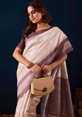 Cream solid colour cotton silk semi formal saree with blouse 4