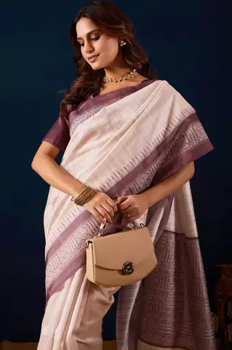 Cream solid colour cotton silk semi formal saree with blouse