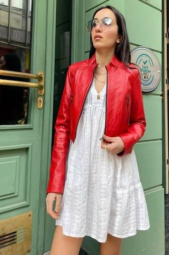 Women’s real soft lambskin leather jacket red motorcycle biker stylish slim fit