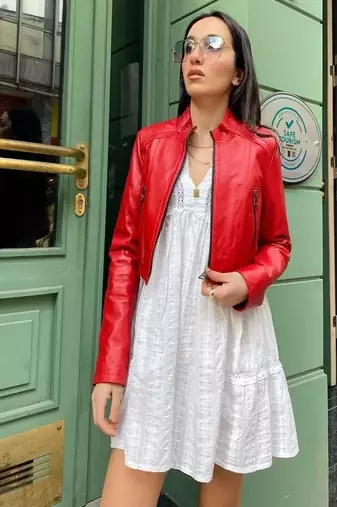 Women’s real soft lambskin leather jacket red motorcycle biker stylish slim fit