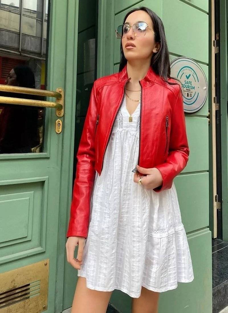 Women’s real soft lambskin leather jacket red motorcycle biker stylish slim fit