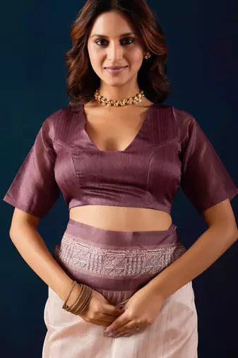 Cream solid colour cotton silk semi formal saree with blouse