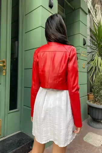 women's red lambskin leather biker jacket classic moto zip style timeless