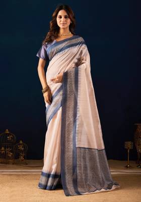 ivory solid colour cotton silk semi formal saree with blouse 1