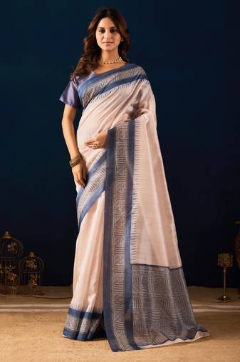 ivory solid colour cotton silk semi formal saree with blouse