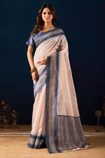 ivory solid colour cotton silk semi formal saree with blouse