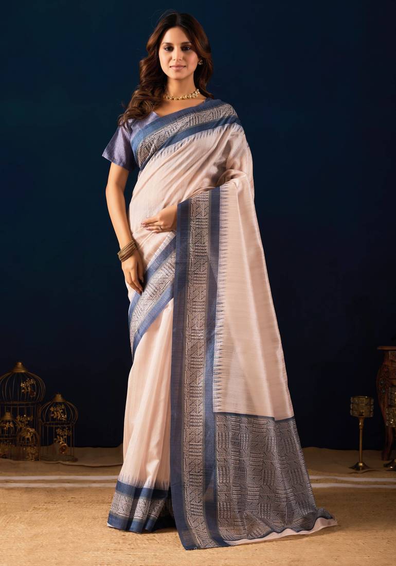 ivory solid colour cotton silk semi formal saree with blouse