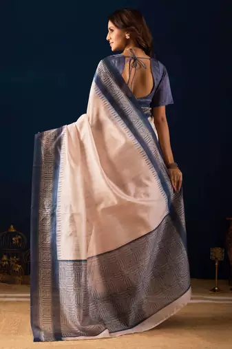 ivory solid colour cotton silk semi formal saree with blouse