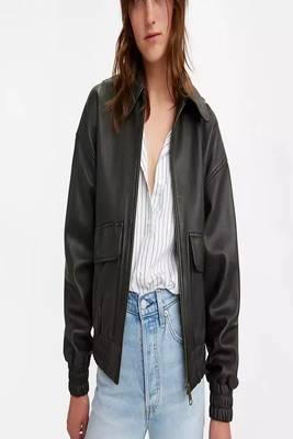 women's black lambskin leather bomber jacket ribbed cuffs and waist authentic 1