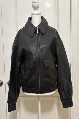 women's black lambskin leather bomber jacket ribbed cuffs and waist authentic 3