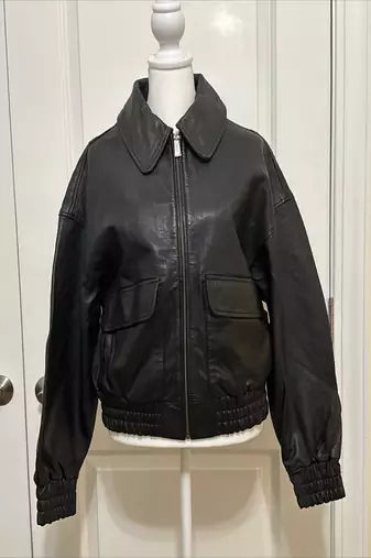 women's black lambskin leather bomber jacket ribbed cuffs and waist authentic