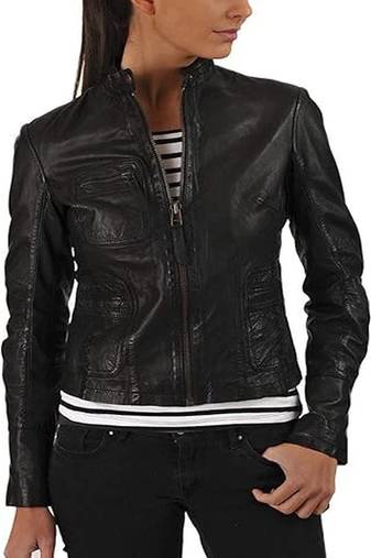 Women’s real soft lambskin leather jacket black motorcycle biker stylish