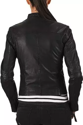 women's black lambskin leather biker jacket classic moto zip style authentic fine
