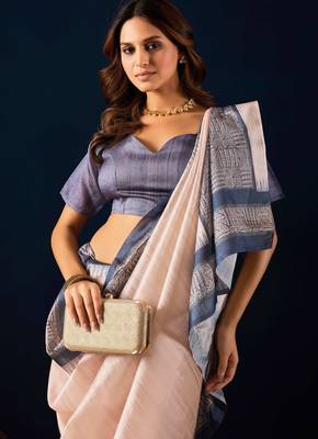 ivory solid colour cotton silk semi formal saree with blouse 4