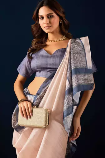 ivory solid colour cotton silk semi formal saree with blouse