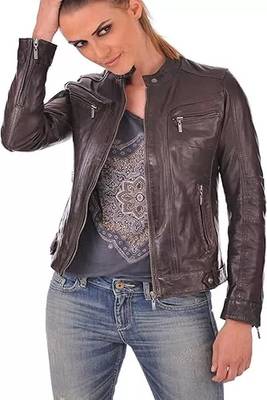 women's brown lambskin leather biker jacket classic moto zip style premium exclusive 1