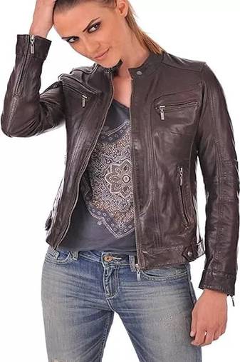 Women’s real soft lambskin leather jacket brown motorcycle biker stylish slim fit