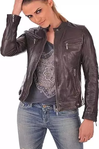 Women’s real soft lambskin leather jacket brown motorcycle biker stylish slim fit