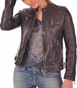 Women’s real soft lambskin leather jacket brown motorcycle biker stylish slim fit